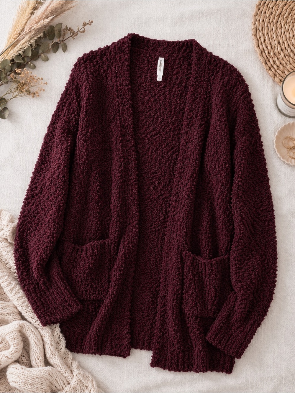 Zenana Outfitters Burgundy Open-Front Sweater